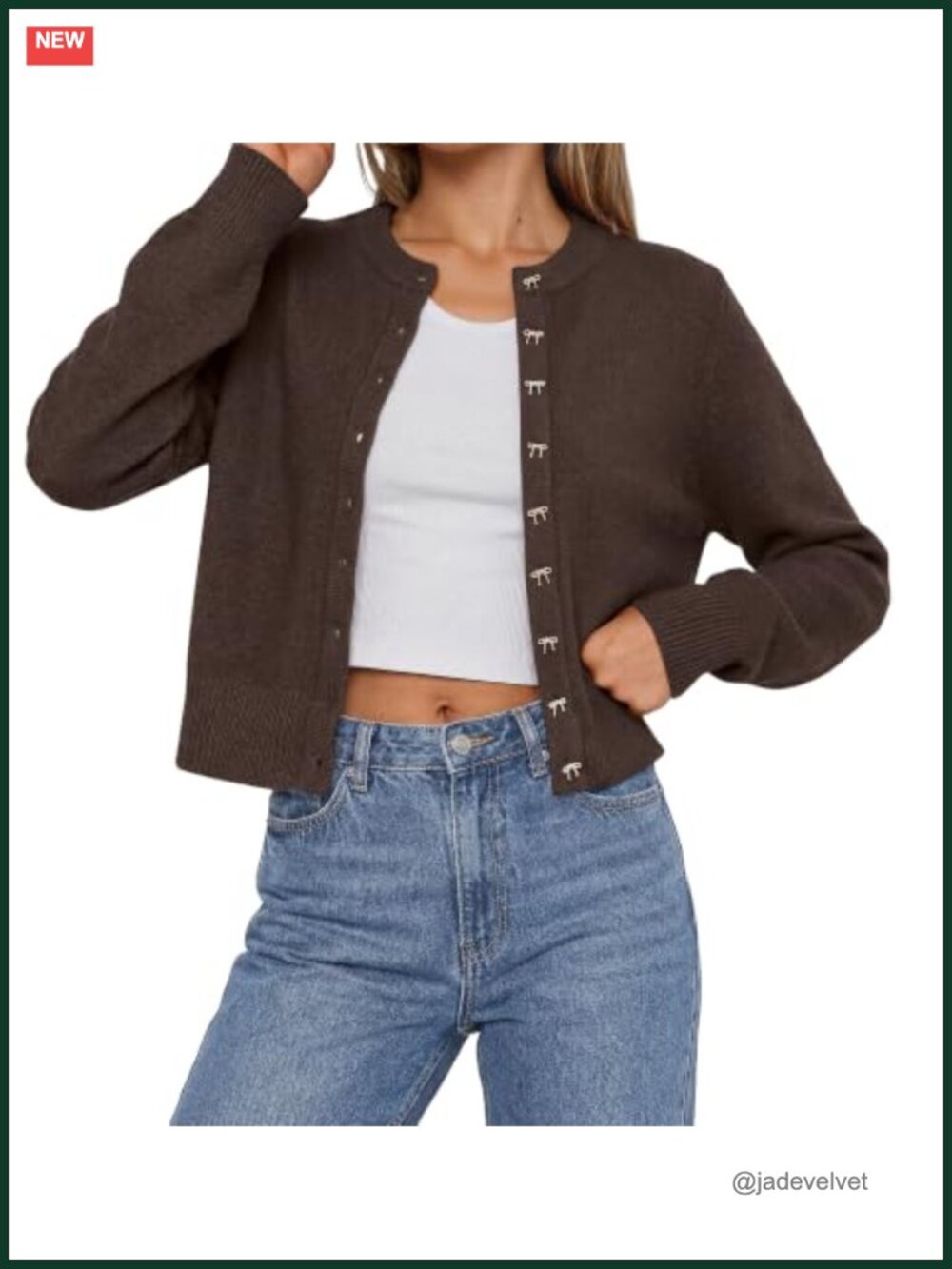 Women's Cropped Bow Button-Up Cardigan Long Sleeve Crew Neck